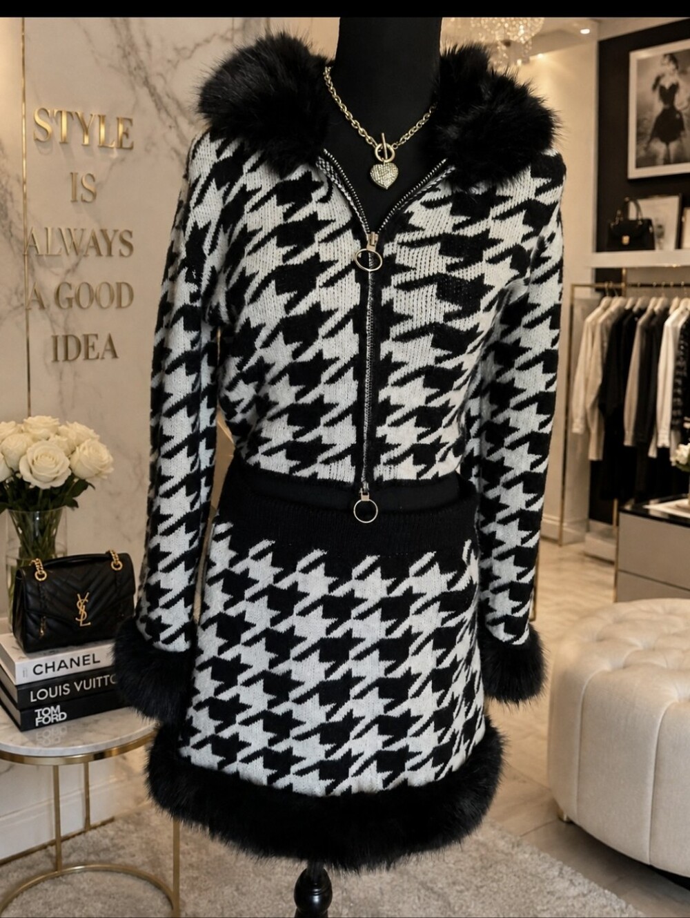 Fashion Nova Black & White Houndstooth Faux-Fur Trim Zip Jacket and Skirt Set